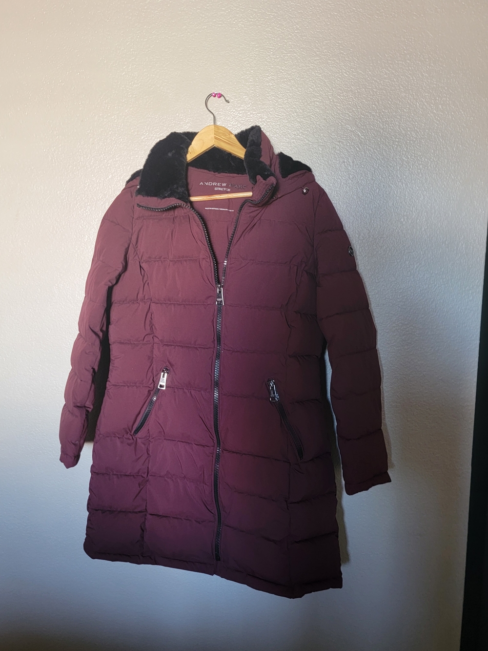 Andrew Marc Maroon Quilted Long Puffer Coat with Faux Fur Hood